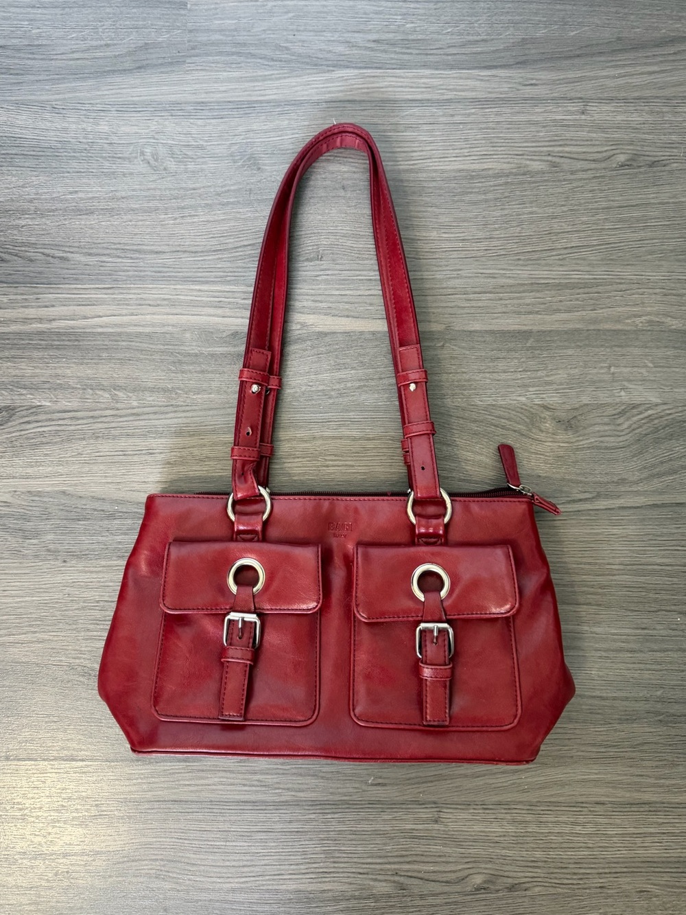 Y2K Vintage Style Red Baci Leather Shoulder Bag Front Pockets Silver Hardware